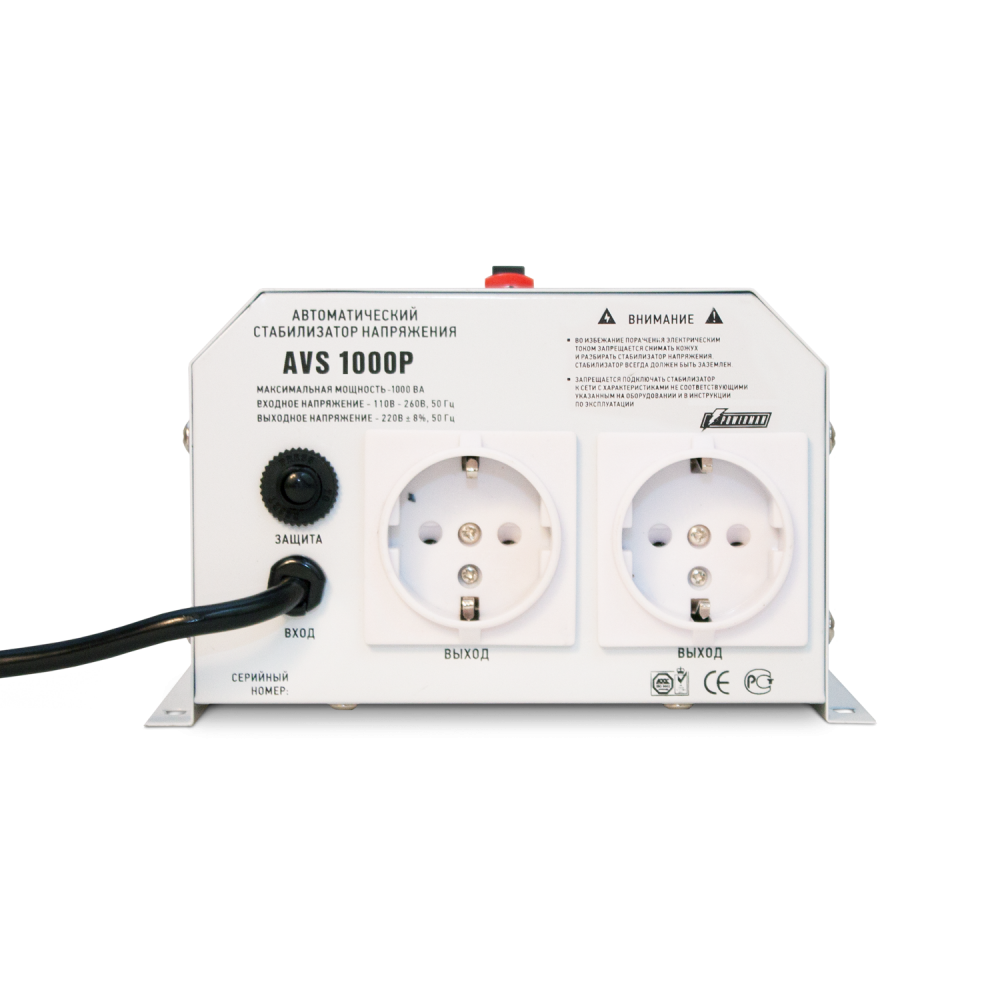 Стабилизатор POWERMAN AVS 1000P, ступенчатый регулятор, цифровые индикаторы уровней напряжения, 1000ВА, 110-260В, максимальный входной ток 7А, 2 евророзетки, IP-20, навесной, 185мм х 170мм х 100мм, 3.5 кг. POWERMAN AVS 1000P