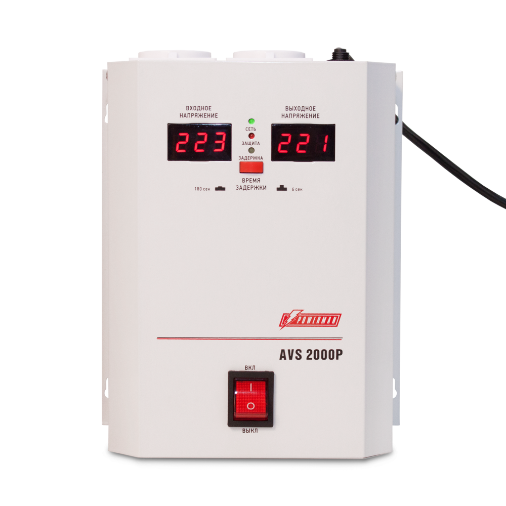 Стабилизатор POWERMAN AVS 2000P, ступенчатый регулятор, цифровые индикаторы уровней напряжения, 2000ВА, 110-260В, максимальный входной ток 15А, 2 евророзетки, IP-20, навесной, 215мм х 270мм х 110мм, 5.2 кг. POWERMAN AVS 2000P