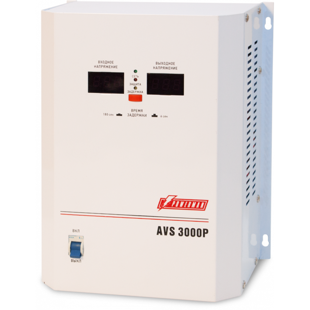 Стабилизатор POWERMAN AVS 3000P, ступенчатый регулятор, цифровые индикаторы уровней напряжения, 3000ВА, 110-260В, максимальный входной ток 20А, клеммная колодка, IP-20, навесной, 260мм х 220мм х 130мм, 7.2 кг. POWERMAN AVS 3000P