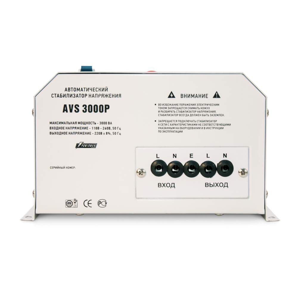 Стабилизатор POWERMAN AVS 3000P, ступенчатый регулятор, цифровые индикаторы уровней напряжения, 3000ВА, 110-260В, максимальный входной ток 20А, клеммная колодка, IP-20, навесной, 260мм х 220мм х 130мм, 7.2 кг. POWERMAN AVS 3000P