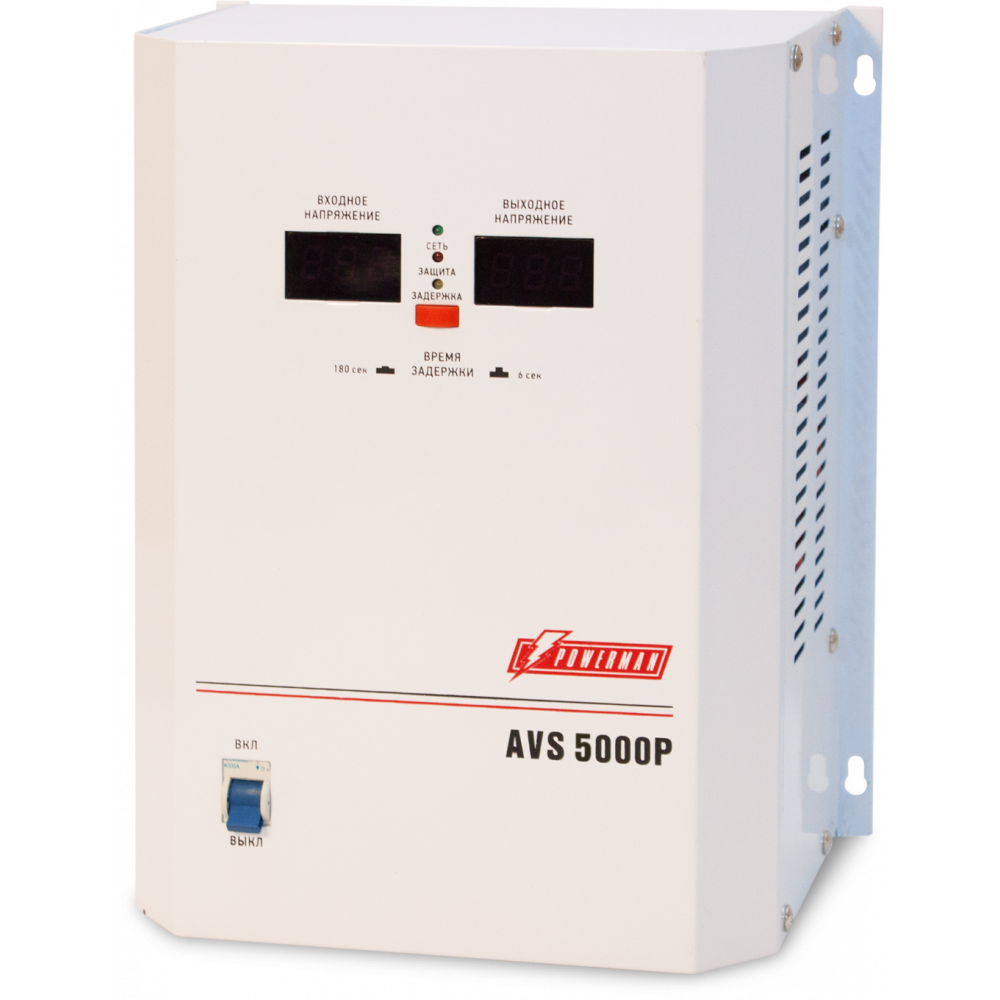 Стабилизатор POWERMAN AVS 5000P, ступенчатый регулятор, цифровые индикаторы уровней напряжения, 5000ВА, 110-260В, максимальный входной ток 32А, клеммная колодка, IP-20, навесной, 260мм х 220мм х 130мм, 9 кг. POWERMAN AVS 5000P