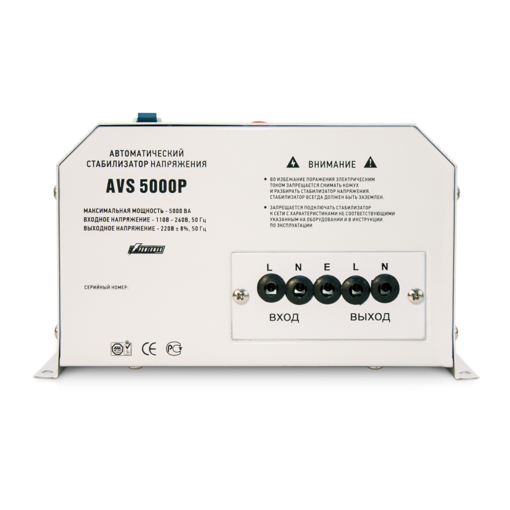 Стабилизатор POWERMAN AVS 5000P, ступенчатый регулятор, цифровые индикаторы уровней напряжения, 5000ВА, 110-260В, максимальный входной ток 32А, клеммная колодка, IP-20, навесной, 260мм х 220мм х 130мм, 9 кг. POWERMAN AVS 5000P