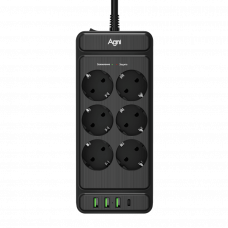 Сетевой фильтр AGNI плоский TP-FS4U6E-C-2m-black, 6 розеток Schuko, чёрный, кабель 2 метра, 3 разъема USB + 1 разъем USB Type-C 20 Вт, мощность нагрузки 4000 Вт, 16А, заземление, защита от короткого замыкания, сечение кабеля 3 х 1.5 кв.мм., размер 236x101