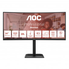 Монитор AOC 34" CU34E4CV 1500R, 21:9, VA, UWQHD, 4ms, 350cd, HDMI, DP, USB, USB-C, LAN, SPK, HAS