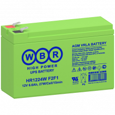 Батарея WBR серия HR, HR1224W F2F1, напряжение 12В, емкость 6.6Ач (разряд 20 часов), 24 ВтЭл при 15-мин. разряде до U кон. - 1.6 ВЭл при 25 С, макс. ток разряда (5 сек.) 130А, макс. ток заряда 1.8A, свинцово-кислотная типа AGM, клеммы F1F2 WBR HR1224W F2F