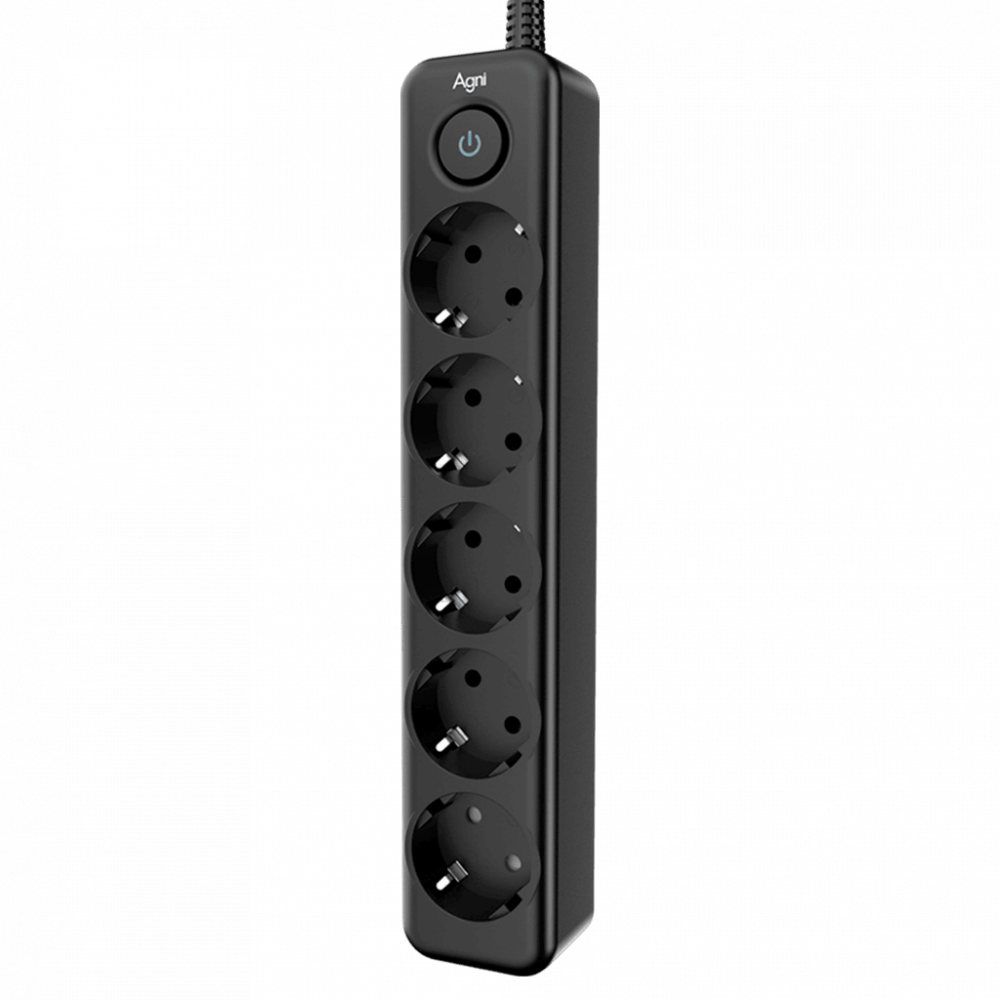 Cетевой фильтр AGNI плоский TP-FD5E-2m-black, 5 розеток Schuko, чёрный, кабель 2 метра, мощность нагрузки 4000 Вт, 16А, заземление, защита от короткого замыкания, сечение кабеля 3 х 1.5 кв.мм., размер 279x54x40 мм. AGNI TP-FD5E-2m-black
