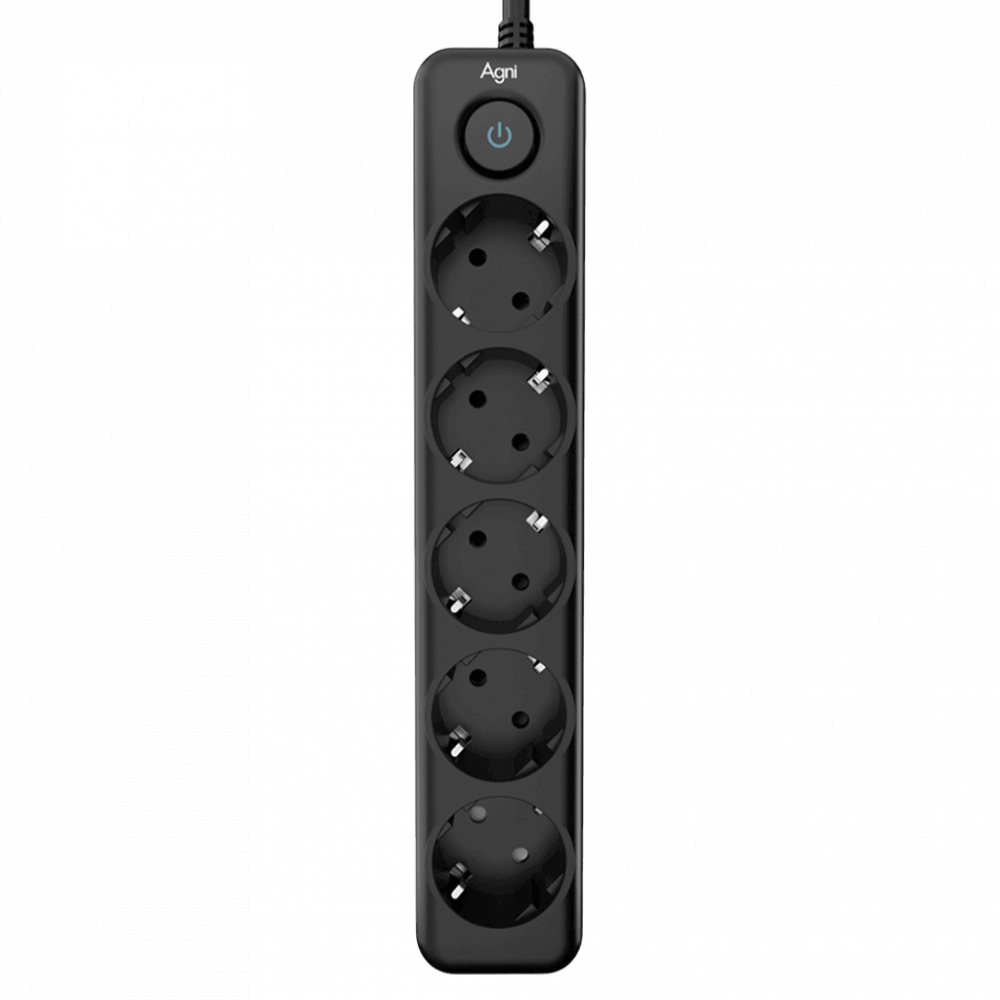 Cетевой фильтр AGNI плоский TP-FD5E-3m-black, 5 розеток Schuko, чёрный, кабель 3 метра, мощность нагрузки 4000 Вт, 16А, заземление, защита от короткого замыкания, сечение кабеля 3 х 1.5 кв.мм., размер 279x54x40 мм. AGNI TP-FD5E-3m-black