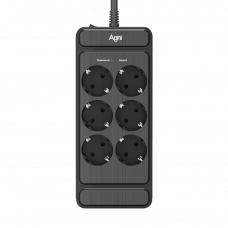 Сетевой фильтр AGNI плоский TP-FS6E-3m-black, 6 розеток Schuko, чёрный, кабель 3 метра, мощность нагрузки 4000 Вт, 16А, заземление, защита от короткого замыкания, сечение кабеля 3 х 1.5 кв.мм., размер 236х101х40 мм. AGNI TP-FS6E-3m-black