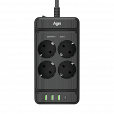 Сетевой фильтр AGNI плоский TP-FS4U4E-PD-2m-black, 4 розетки Schuko, чёрный, кабель 2 метра, 3 разъема USB + 1 разъем USB Type-C 20 Вт, мощность нагрузки 4000 Вт, 16А, заземление, защита от короткого замыкания, сечение кабеля 3 х 1.5 кв.мм., размер 192x10