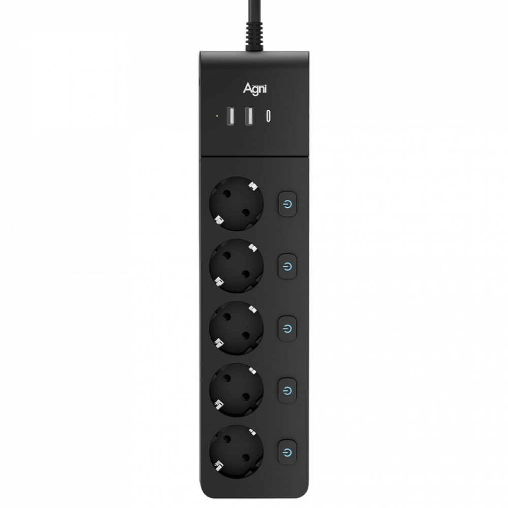 Сетевой фильтр AGNI плоский TP-FI3U5E-C-5m-black, 5 розеток Schuko (с выключателем для каждой розетки), чёрный, кабель 5 метров, 2 разъема USB + 1 разъем USB Type-C 20 Вт, мощность нагрузки 4000 Вт, 16А, заземление, защита от короткого замыкания, сечение
