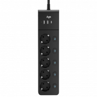 Сетевой фильтр AGNI плоский TP-FI3U5E-C-5m-black, 5 розеток Schuko (с выключателем для каждой розетки), чёрный, кабель 5 метров, 2 разъема USB + 1 разъем USB Type-C 20 Вт, мощность нагрузки 4000 Вт, 16А, заземление, защита от короткого замыкания, сечение