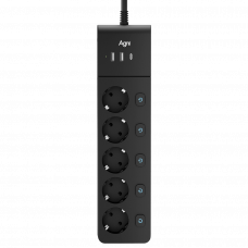 Сетевой фильтр AGNI плоский TP-FI3U5E-C-5m-black, 5 розеток Schuko (с выключателем для каждой розетки), чёрный, кабель 5 метров, 2 разъема USB + 1 разъем USB Type-C 20 Вт, мощность нагрузки 4000 Вт, 16А, заземление, защита от короткого замыкания, сечение