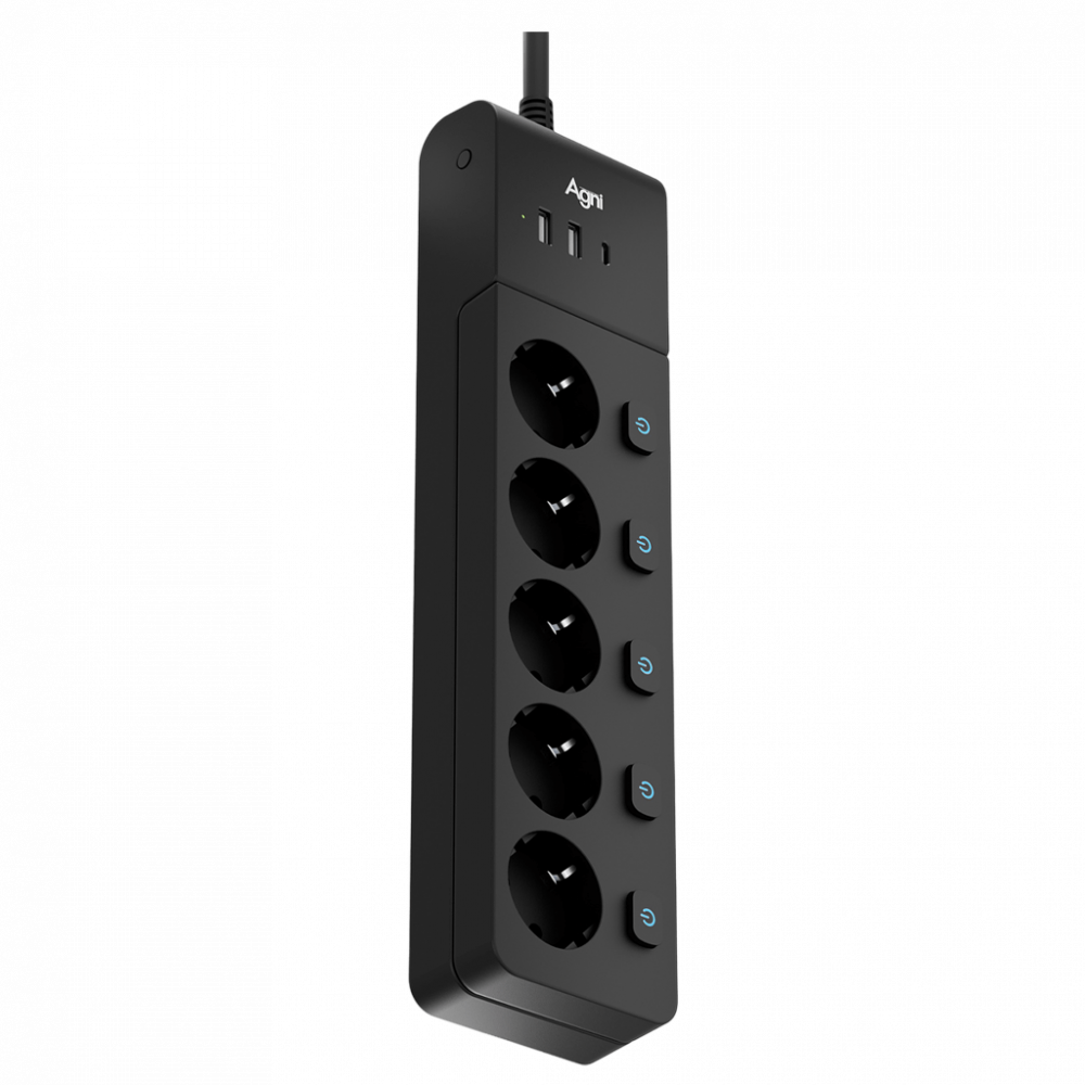 Сетевой фильтр AGNI плоский TP-FI3U5E-C-5m-black, 5 розеток Schuko (с выключателем для каждой розетки), чёрный, кабель 5 метров, 2 разъема USB + 1 разъем USB Type-C 20 Вт, мощность нагрузки 4000 Вт, 16А, заземление, защита от короткого замыкания, сечение