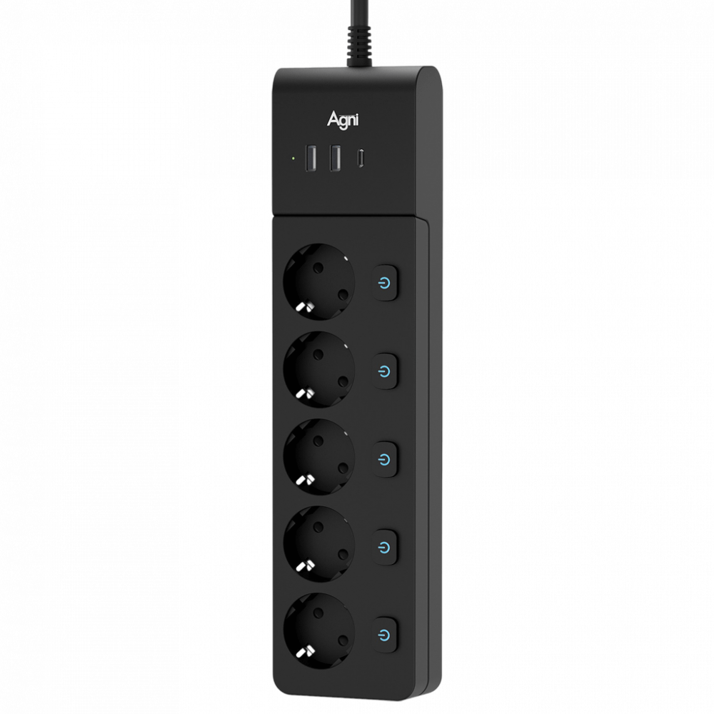 Сетевой фильтр AGNI плоский TP-FI3U5E-C-5m-black, 5 розеток Schuko (с выключателем для каждой розетки), чёрный, кабель 5 метров, 2 разъема USB + 1 разъем USB Type-C 20 Вт, мощность нагрузки 4000 Вт, 16А, заземление, защита от короткого замыкания, сечение