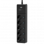 Сетевой фильтр AGNI плоский TP-FI3U5E-C-5m-black, 5 розеток Schuko (с выключателем для каждой розетки), чёрный, кабель 5 метров, 2 разъема USB + 1 разъем USB Type-C 20 Вт, мощность нагрузки 4000 Вт, 16А, заземление, защита от короткого замыкания, сечение