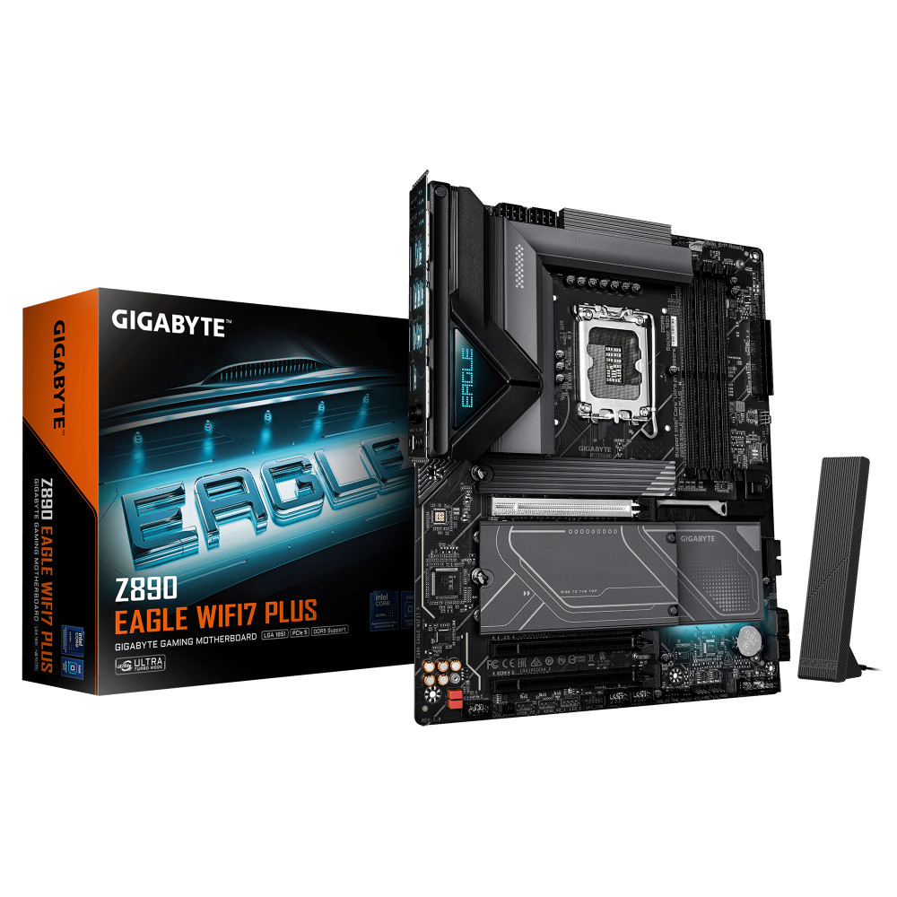 Материнская плата Gigabyte Z890 EAGLE WIFI7 PLUS, LGA1851, Intel Z890, 4xDDR5, 4xSATA, 4xM.2, 1xPCIe 5.0 x16, 2xPCIe 4.0 x4, 1xDisplayPort, 1xUSB4 Type-C, 1x 2.5Gb LAN, 2xUSB 3.2 Gen2, 3xUSB 3.2 Gen1, 4xUSB 2.0, 2x3.5 мм, 7.1, ATX