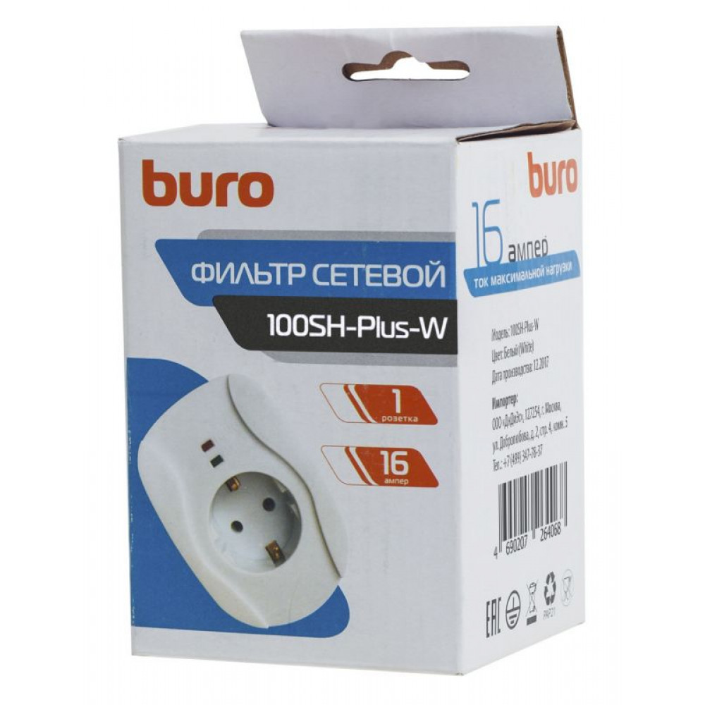 Сетевой фильтр Buro  100SH Plus W  1 розетка  белый  коробка
