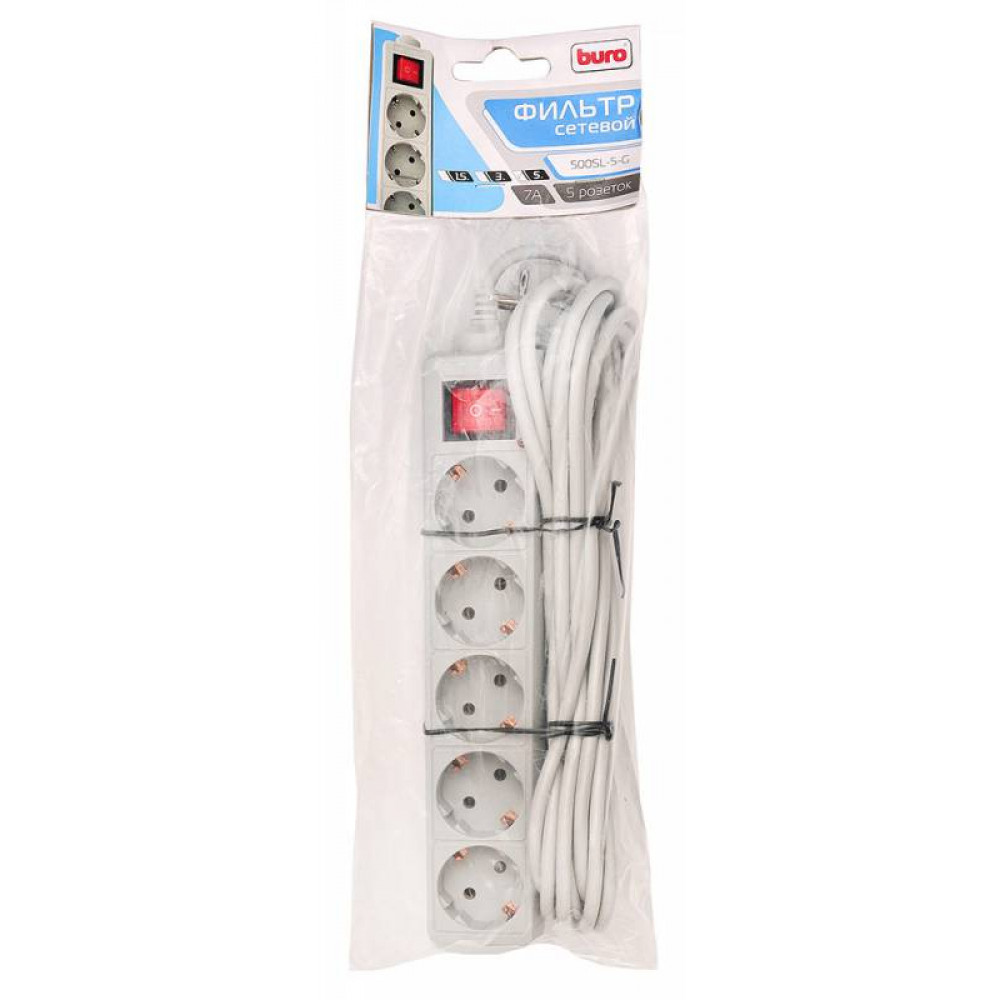 Сетевой фильтр Buro 500SL 5 G 5м 5 розеток серый пакет ПЭ