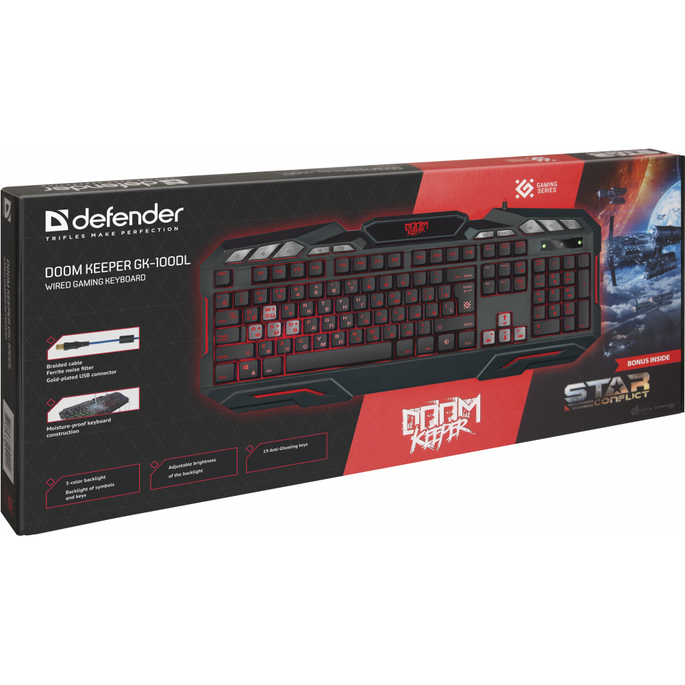 Defender Проводная игровая клавиатура Doom Keeper GK-100DL RU,3-х цветная,19 Anti-Ghost Defender Doom Keeper GK-100DL