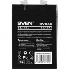 Батарея SVEN SV 645 (6V 4.5Ah), напряжение 6В, емкость 4.5Ач, макс. ток разряда 67А, макс. ток заряда 1.35А, свинцово-кислотная типа AGM, тип клемм F1, ДШВ 7047100, 0.8 кг Sven SV645 (6V  4.5Ah)